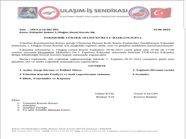 Eskişehir Şubesi 1. Olağan Genel Kurul İlanı