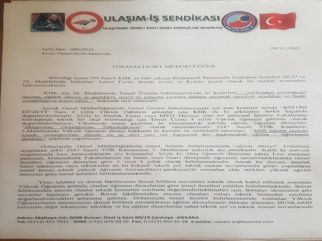 Tüvasaş Genel Müdürlüğüne  talep yazılarımız